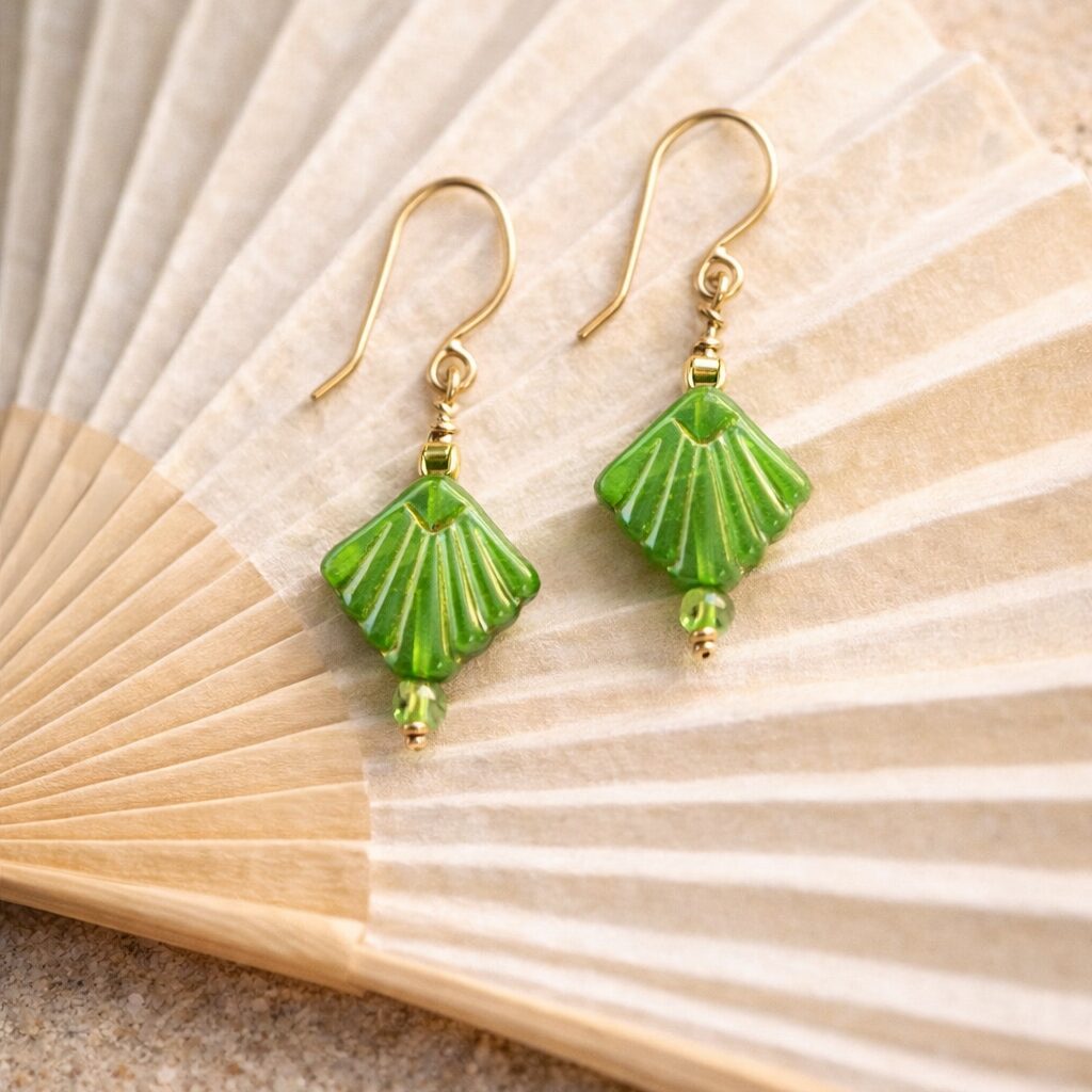 Lime Green Fan in Gold Earrings