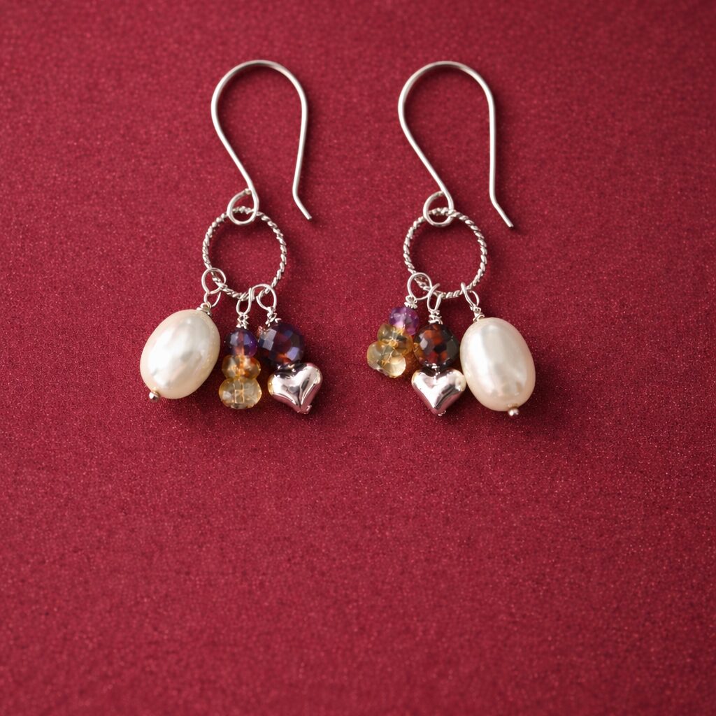 Tri Dangles of Citrine, Amethyst & Garnet with Freshwater Pearl Earrings