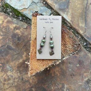 Aqua Czech, Leather and Brass Heart Earrings