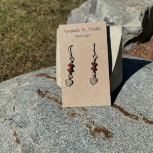 Beaded Sterling Heart and Red Czech Bead Earrings