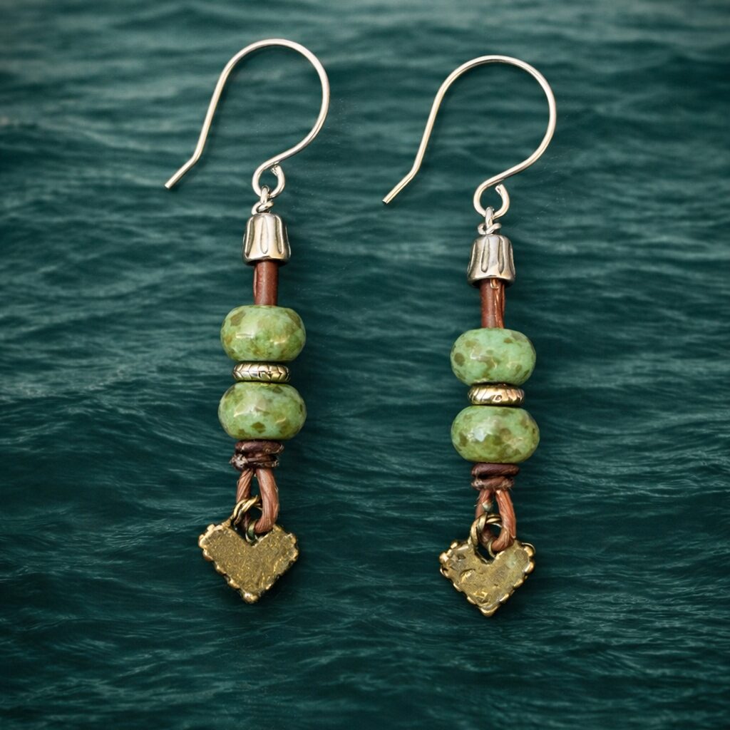 Aqua Czech, Leather and Brass Heart Earrings