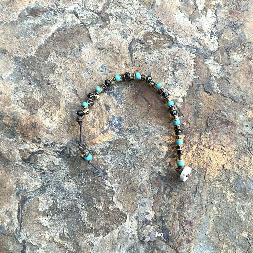 Multicolor Picasso Czech Beads and Gold Rings on Leather