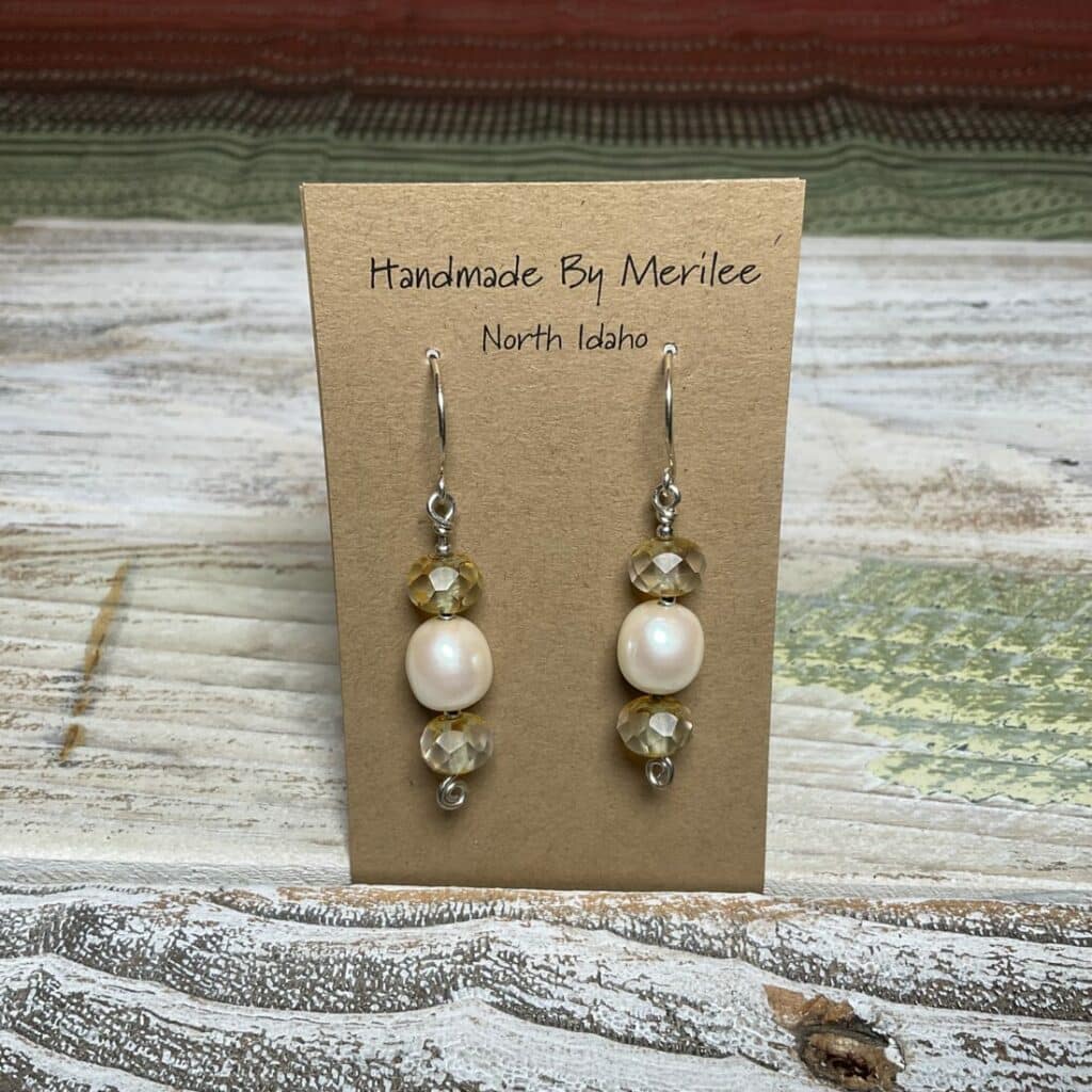 Freshwater Potato Pearl and Amber Czech  Earrings